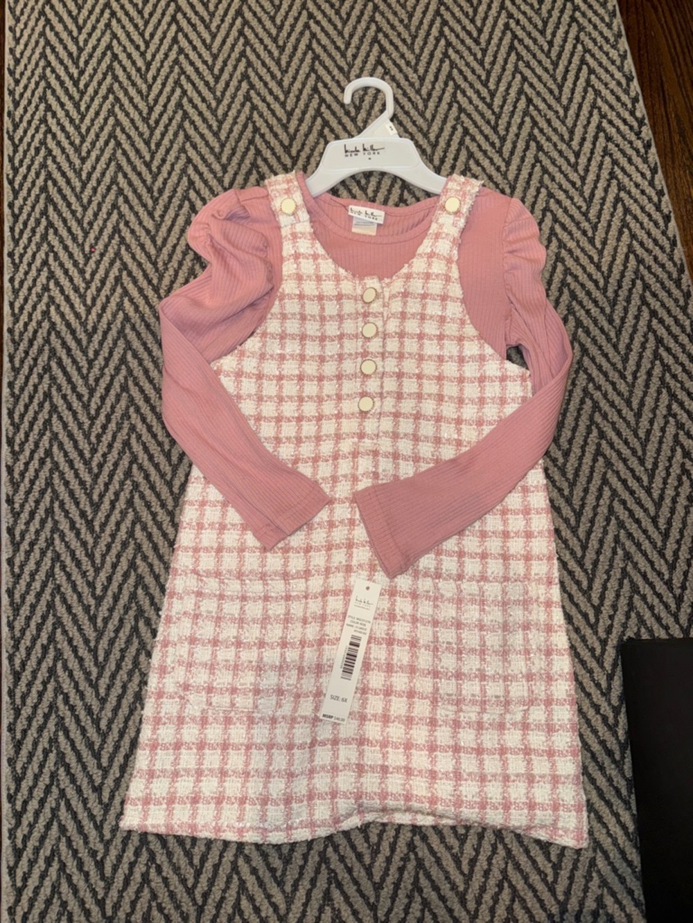 Nicole Miller Rose and White Tweed Pinafore with Dusty Rose Top